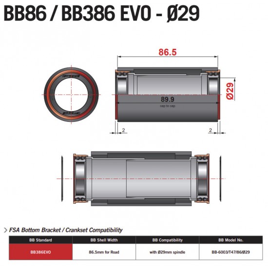 FSA bottom bracket ROAD BB86 BB386EVO BB-PF6003 86.5 mm 29 mm spindle SRAM DUB 200-0060000110