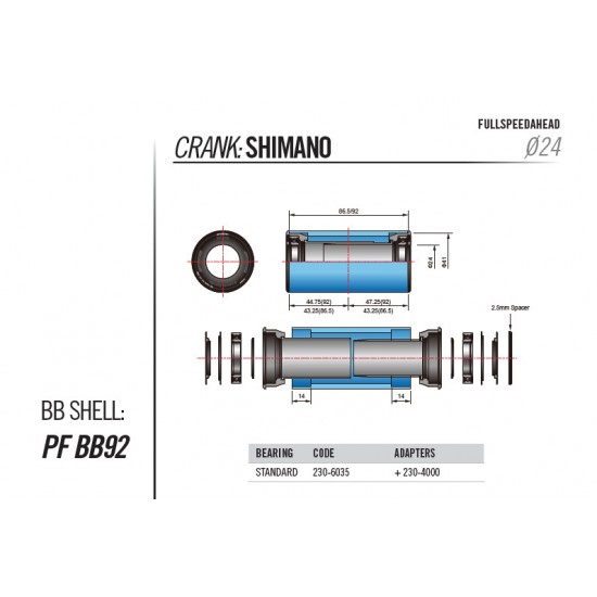FSA középcsapágy MTB M/EXO és 24mm Shimano tengely Preff Fit BB92 86.5 - 92 mm vázba 230-6035