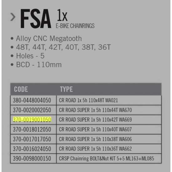 FSA chainring Megatooth alloy 42T 110 BCD 1x 10-11s 5 bolts, hole 110x42 black WA669C 370-0019001050