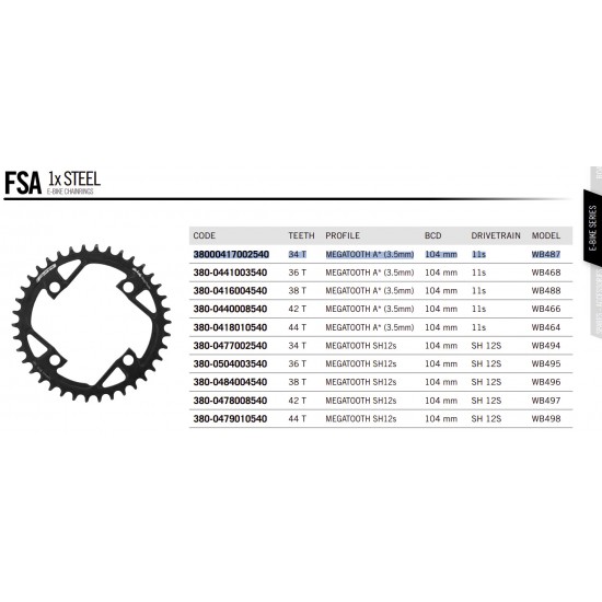 FSA lánctányér - lánckerék acél 1X MEGATOOTH BOSCH Gen3 34T 104 BCD 4 lukas csavaros 11 s WB487 380-0417002540 38000417002540 FSA lánctányér - lánckerék acél 1X MEGATOOTH BOSCH Gen3 34T 104 BCD 4 lukas csavaros 11 s WB487 380-0417002540 38000417002540
