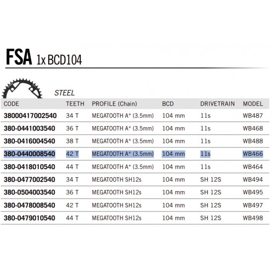 FSA lánctányér - lánckerék E-bike mtb mountain bike 1x MegaTooth acél, 11 sebességes Shimano BCD 104 x 42T WB466 380-0440008540