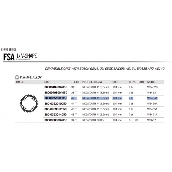 FSA lánctányér - lánckerék alu ötvözet 1X MEGATOOTH V-Shape 11 s BOSCH gen.4 Oli Edge 42T 104 BCD 4 lukas csavaros WB454A 38000351008050