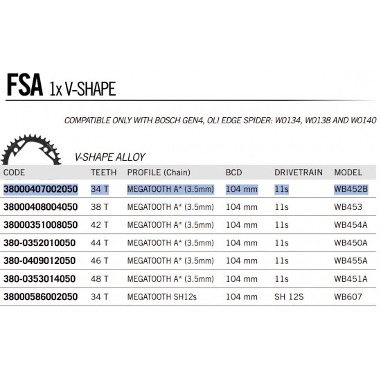 FSA chainring alloy 1X MEGATOOTH V-Shape Shimano 11 s BOSCH Gen.4 34T 104 BCD 4 holes bolts WB452 B 38000407002050