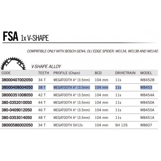 FSA chainring alloy 1X MEGATOOTH V-Shape Shimano 11 s BOSCH Gen.4 38T 104 BCD 4 holes bolts WB453 38000408004050