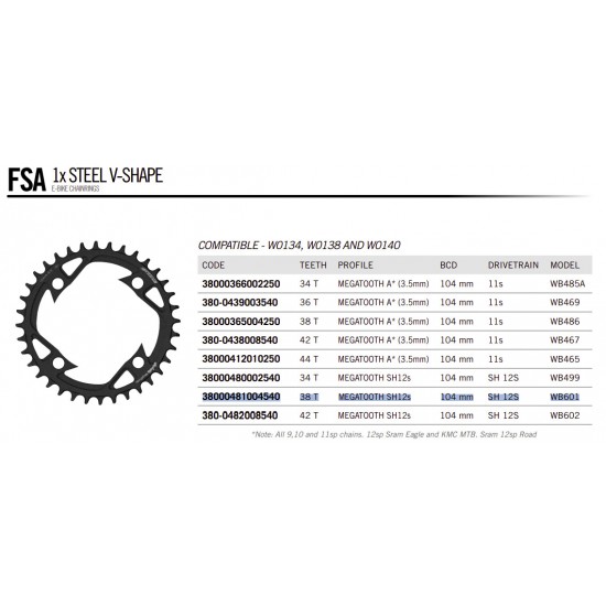 FSA lánctányér - lánckerék acél 1X MEGATOOTH Narrow Wide Shimano 12 s BOSCH Gen4 V-Shape 38T 104 BCD 4 lukas csavaros WB601 38000481004540 FSA lánctányér - lánckerék acél 1X MEGATOOTH Narrow Wide Shimano 12 s BOSCH Gen4 V-Shape 38T 104 BCD 4 lukas csavaros WB601 38000481004540