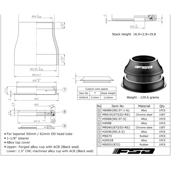 FSA kormánycsapágy Orbit NO57.E 1-1/8 1.5 E ZS tapered félintegrált 50 62 mm stack 16.9 + 2.9 = 19.8 mm 121-0503