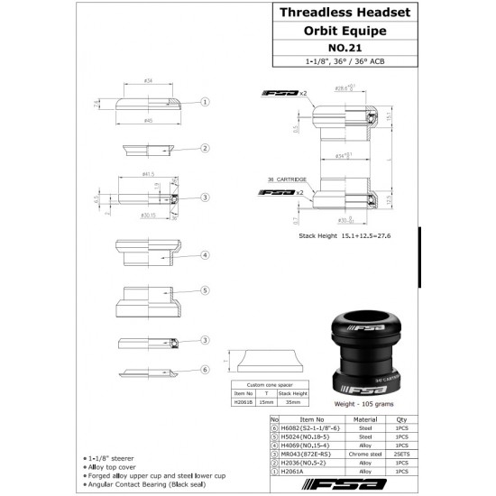 FSA headset Orbit Equipe 1 1/8 inch upper cap height 7.5 mm 28.6 34 mm ahead 101-1055