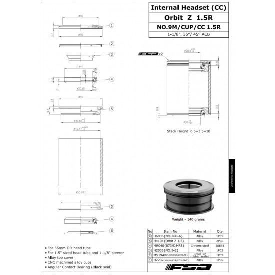 FSA integrált kormánycsapágy Orbit Z 1.5R ZS49/28.6 - ZS49/30 3.7mm alloy 50mm / 55mm OD 1-1/8" villa 101-1312N