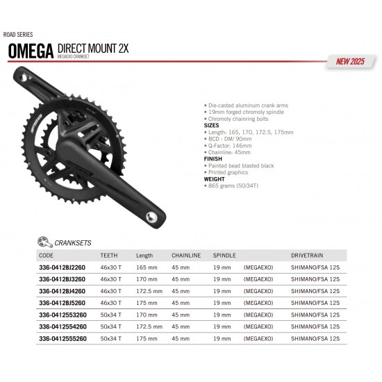 FSA crankset road / gravel bicycle Omega Direct Mount 2x MegaEXO 19 mm spindle, 12 speed