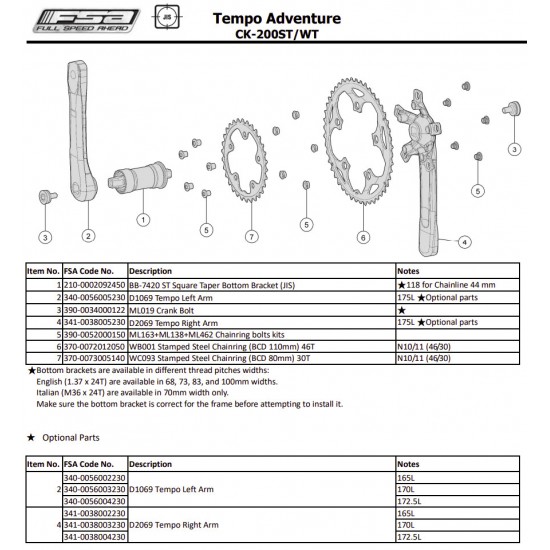FSA hajtómű négyszögtengelyes Tempo Adventure JIS országúti / gravel kerékpár hajtómű 46/30 11 s