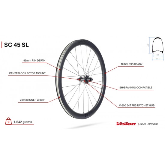 Vision kerékszett SC 45 SL Disc TLR peremes, tárcsafékes országúti tubeless ready karbon kerék