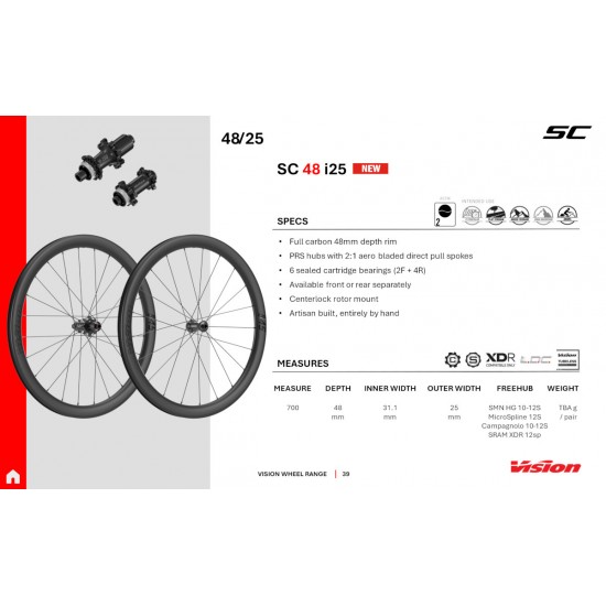 Vision kerékszett SC 48 i25 Disc TLR peremes, tárcsafékes gravel aero országúti tubeless ready karbon kerék