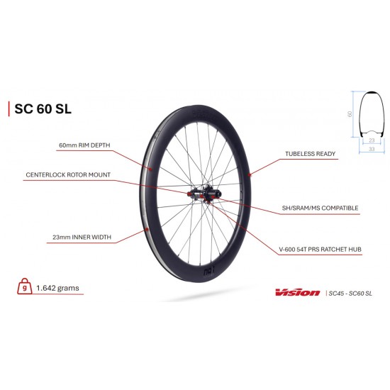Vision wheelset SC 60 SL Disc TLR tubeless ready carbon road bicycle wheelset