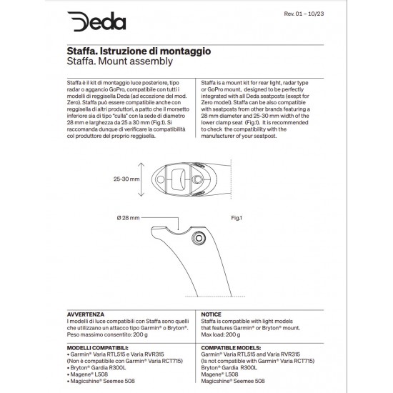 Deda Staffa bicycle saddle rails mount for GoPro Garmin Varia Radar Lights Camera
