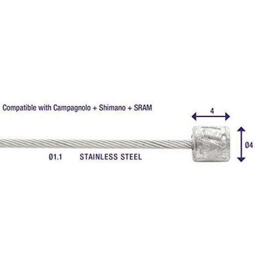 ELVEDES shift cable, slick, 1.1mmx2250mm , 4x4mm head, Shimano, SRAM, Campagnolo 6472RVS-SLICK