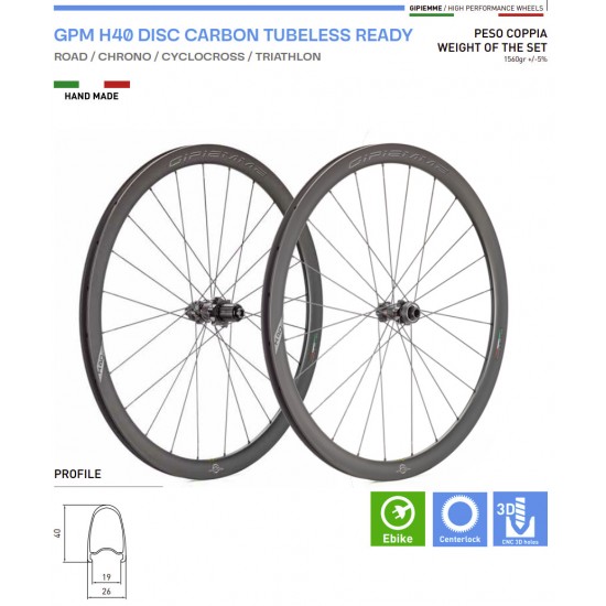 GIPIEMME kerékszett GPM H40 DISC CARBON Tubeless ready peremes, tárcsafékes országúti karbon kerék 40 mm profil Shimano SRAM Campagnolo GIPIEMME kerékszett GPM H40 DISC CARBON Tubeless ready peremes, tárcsafékes országúti karbon kerék 40 mm profil Shimano SRAM Campagnolo