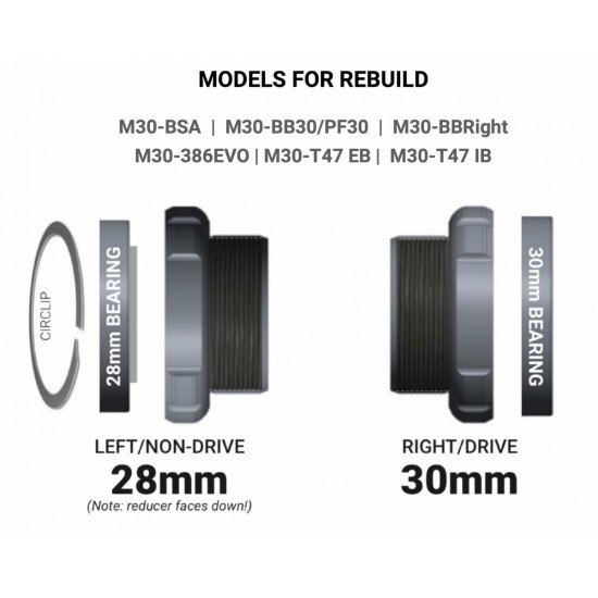 Praxis középcsapágy felújító csapágy szett M30 30 / 28 mm tengely BSA BB30 PF30 386EVO BBRight T47 Praxis középcsapágyakhoz, acél csapágyak BR-3028