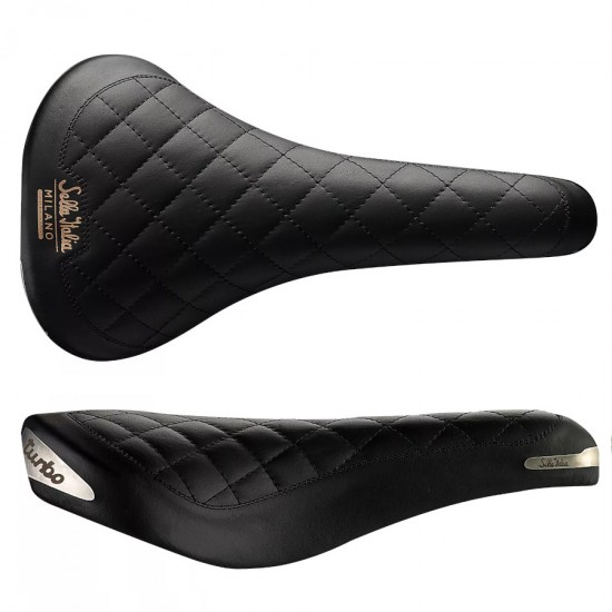Selle Italia nyereg TURBO BONNIE klasszikus fekete steppelt bőr L1 146 x 275 mm méret, FEC szénacél ötvözet pálcás